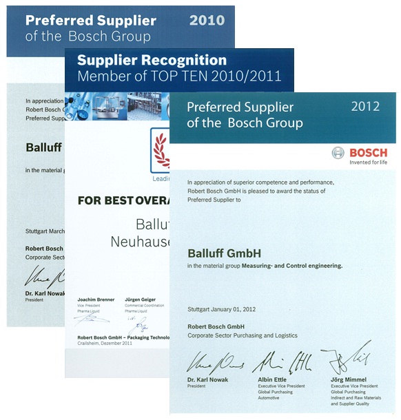 巴魯夫再次榮獲博世公司授予的“最佳供應商”稱號